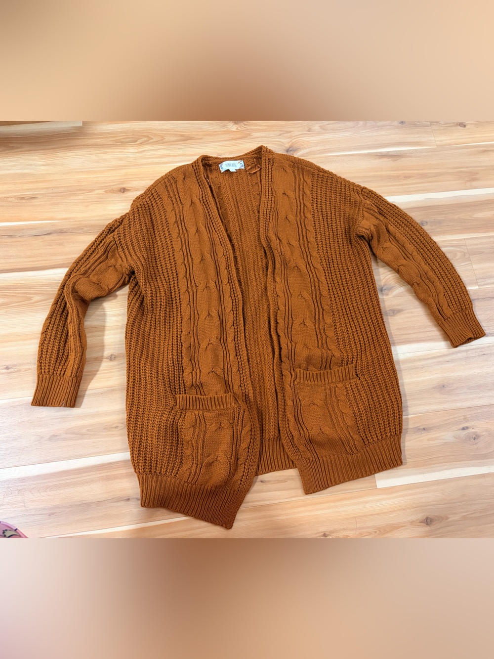 Pink Rose Men's Cable Knit Open Cardigan - Rust